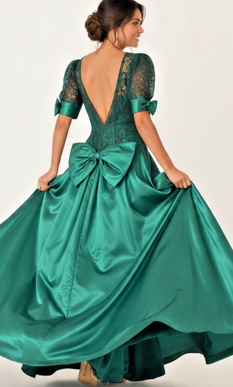 Vintage 80s Emerald Green Black Lace Gown Puff Sleeve Bow Victorian Gothic Prom